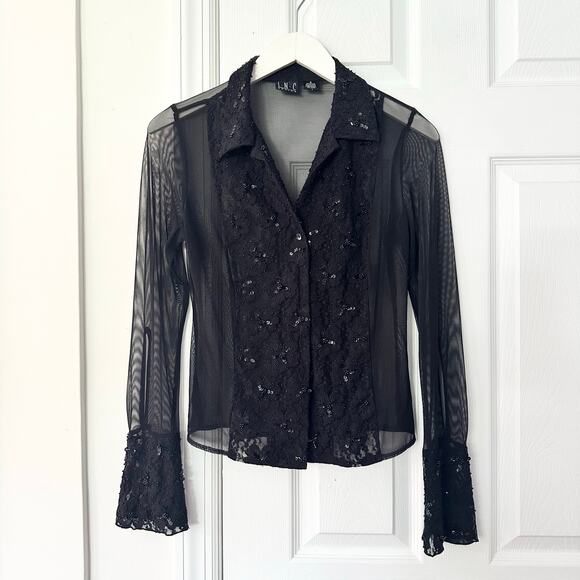 INC Petites Vintage Black Mesh Lace Sequin Trim Collared Buttondown Blouse Small - Picture 1 of 8